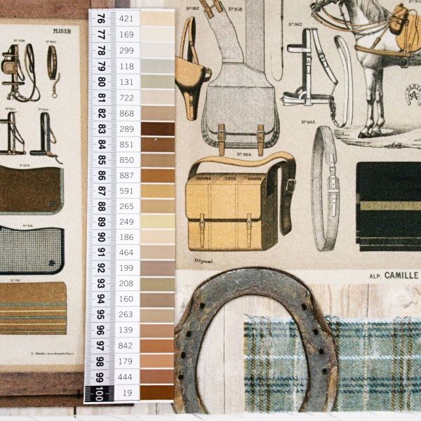 Dekostoff Vintage Pferde Stall Zaumzeug Digitaldruck – Half Panama Premium Taschenstoff Baumwolle