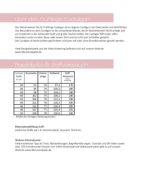 Schnittmuster Frühlings Cardigan Damen Lillesol woman No.52 Gr. 34-50