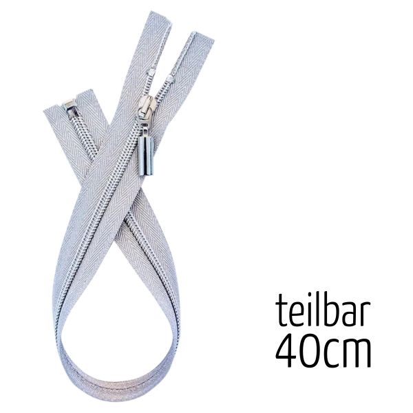 Reißverschluss silber metallic mit Ring teilbar 40cm lang für Jacken