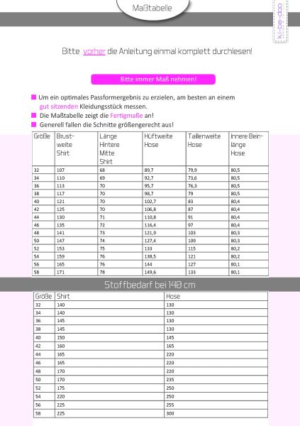 Schnittmuster Lounge Set - lässige Hose Oversize Shirt von KiBaDoo Gr. 32-58