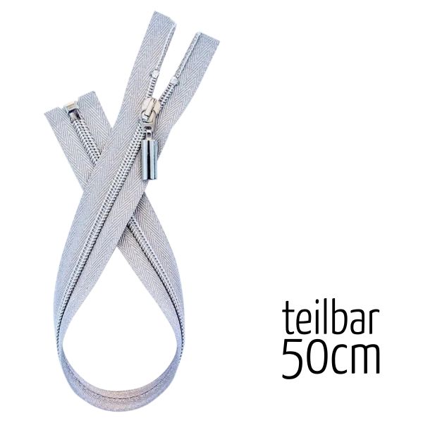 Reißverschluss silber metallic teilbar 50cm lang für Jacken