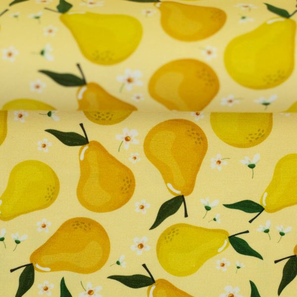 Jersey mit Birnen und Gänseblümchen – frisches Obst aus der Serie Melody von Swafing