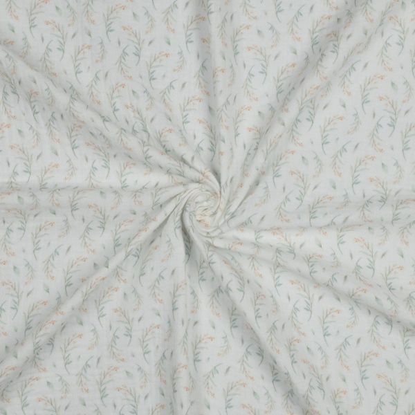 Musselin weiß mit filigran zarten Zweigen in weiß natur - Double Gauze Leaves