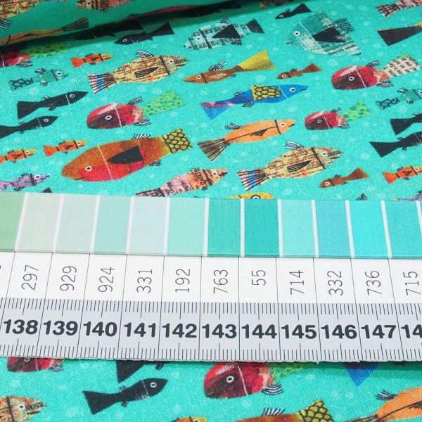 Baumwolle kleine Fische Patchwork Style petrol türkis - Frogtastic multi fish turquoise