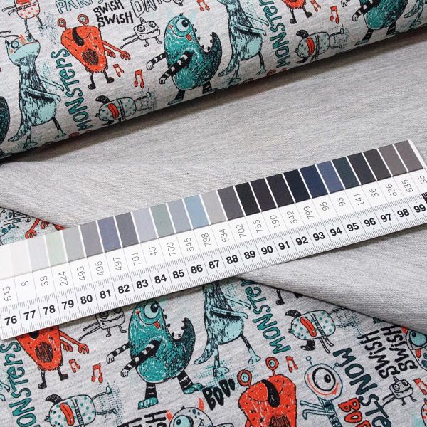 French Terry DANCING MONSTERs grau mint orange - Sommersweat meliert