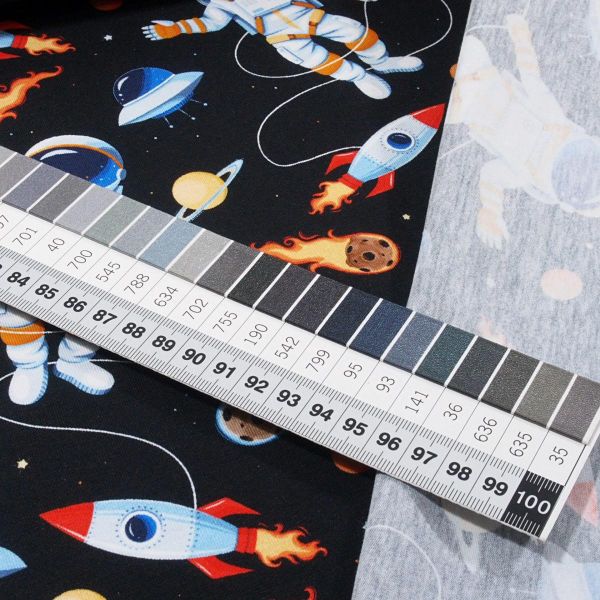 Kinderstoff - Schwarzer Baumwolljersey mit Weltraummotiven für Abenteurer