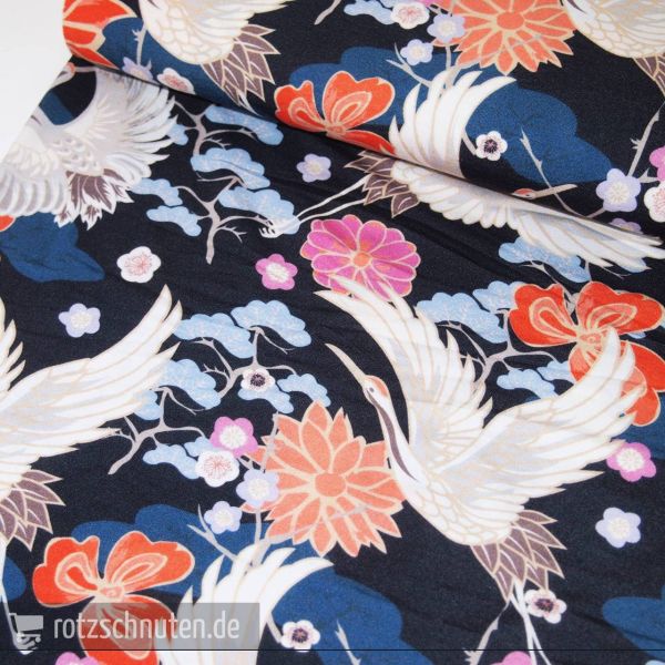 Viscose Jersey CRANE – Kranich Blüten Japan schwarz blau coral