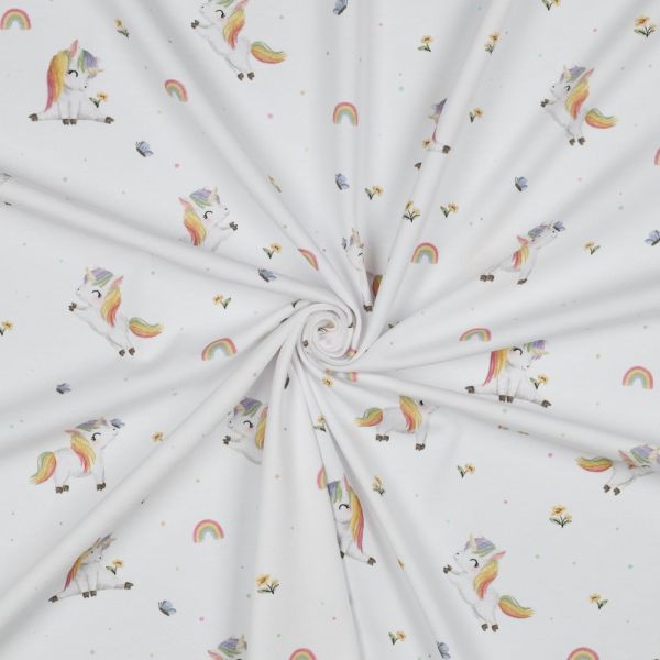 Bio Baumwolljersey weiß – kleine Einhörner mit Regenbogenmähne, Blümchen & Schmetterlingen