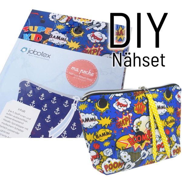 Näh dir eine WashBag • Comic blau bunt • Kulturtasche DIY Nähset Waschtasche