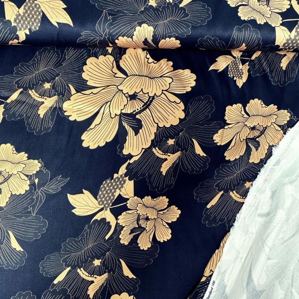 Viskose Satin Blüten schwarz gold – Silky Japanese Flow - Kleider oder edler Futterstoff