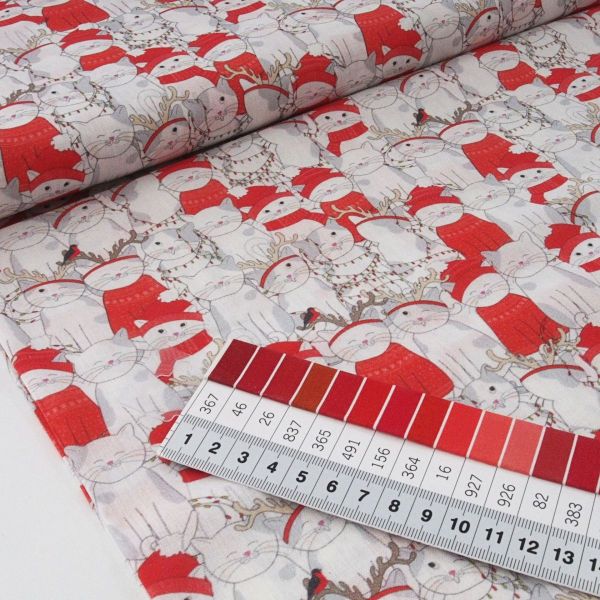 Baumwolle Weihnachts Katzen rot weiß - Merry Christmas Cats