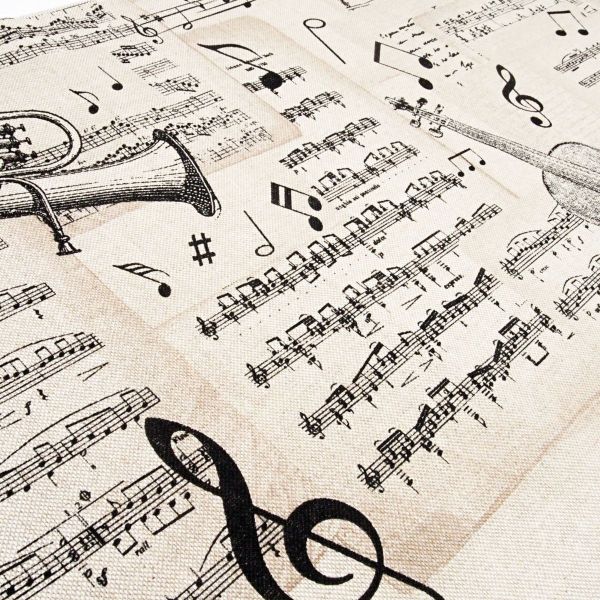 Dekostoff Noten Instrumente Leinenoptik beige – Linenlook Half Panama Premium Taschenstoff