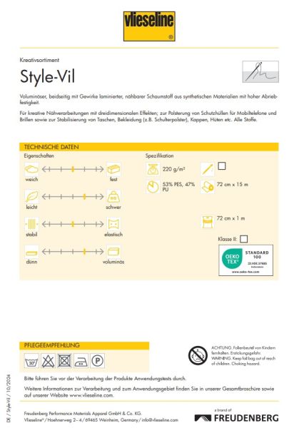 1m Vlieseline STYLE-VIL – Volumenvlies mit Schaumstoffkern, Polstermaterial Stylevil (SB)