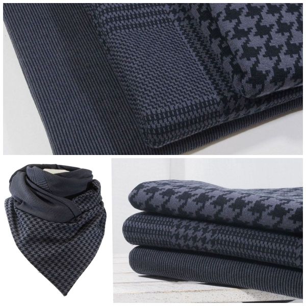 3 Stoffzuschnitte für ein Maxi Dreieckstuch aus Strick Jacquard in anthrazit • Maxituch Bio Strick