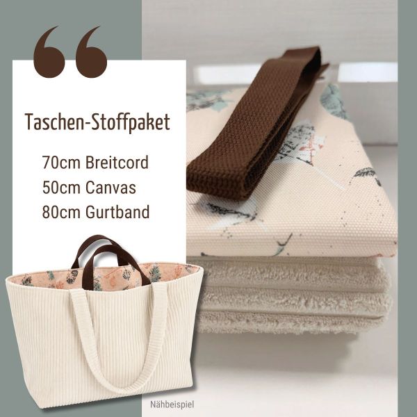 Taschen-Stoffpaket creme – Breitcord, Baumwoll-Dekostoff & braunes Gurtband