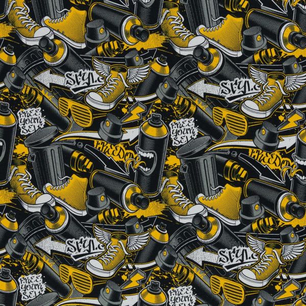 Sweat mit coolem Graffiti Muster Sneaker Sprayer HipHop gelb - French Terry Montreal von Swafing