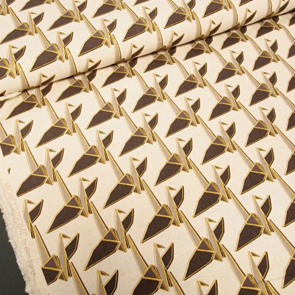 Kokka Leinenstoff mit Kranichmotiv beige – Monochrome Design von Ellen Baker mit Gold-Metallic Print