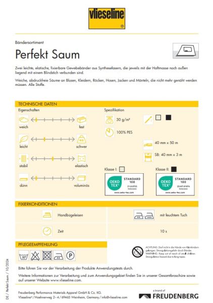 Vlieseline Saumfix PERFEKT SAUM T40 weiß – Säume anbügeln und fixieren (3m)