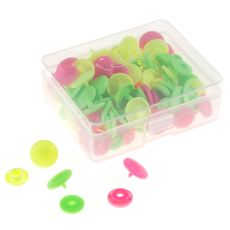 30 Kam Snaps im Farbmix neon grün pink gelb – bunte Plastik Druckknöpfe Ø 12,4 mm mit Box