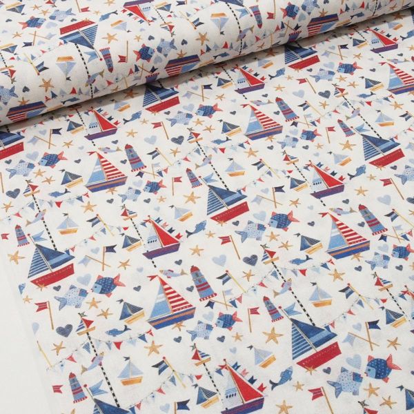 acufactum Segelboote Leuchtturm Fische Seestern blau rot - Baumwolle maritim