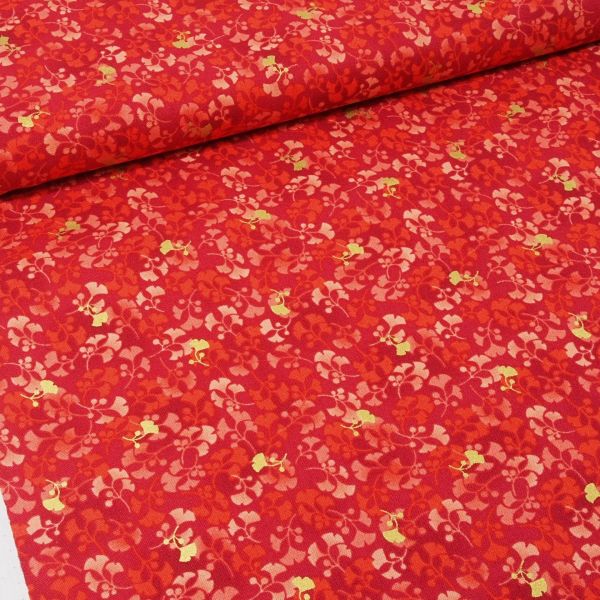 Baumwolle kleine Ginko Blätter rot gold Asia Japan - Hikari Ginkgo red