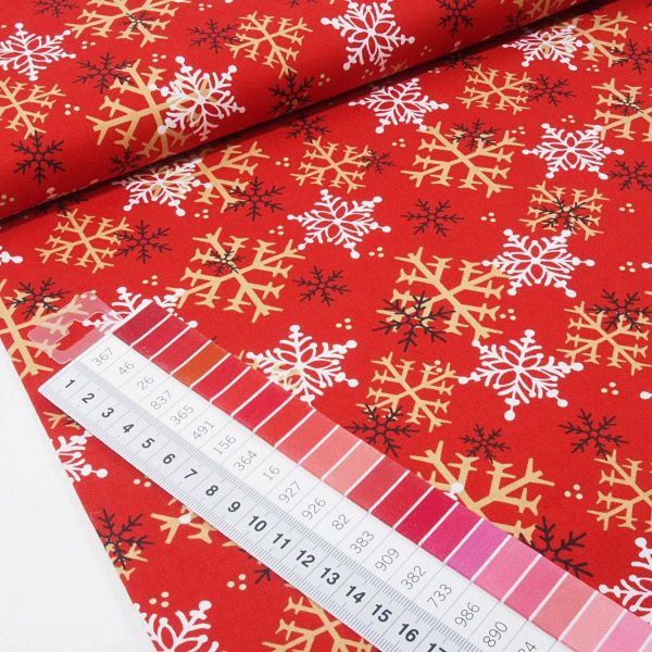 Baumwolle Schneeflocken rot gold - Timber Gnomies Snowflakes red