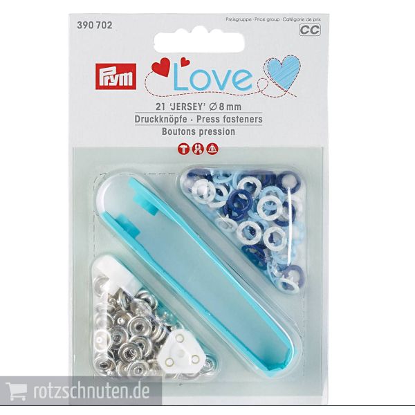 21 Jersey Druckknöpfe PRYM LOVE – 8mm hellblau marine weiß mit Werkzeug Metall Druckknopf