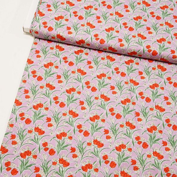 Baumwolle von Liberty London - rote Tulpen auf flieder - Serie Florist Flowers
