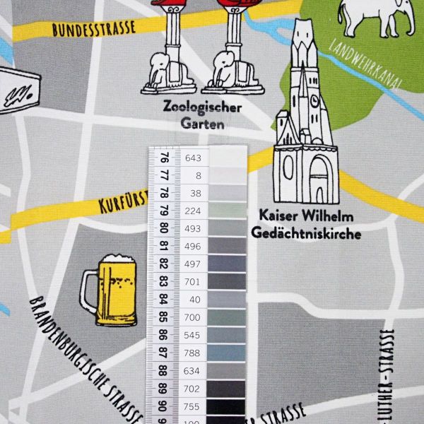 Dekostoff Berlin grau mit Sehenswürdigkeiten – Ottoman Premium Taschenstoff