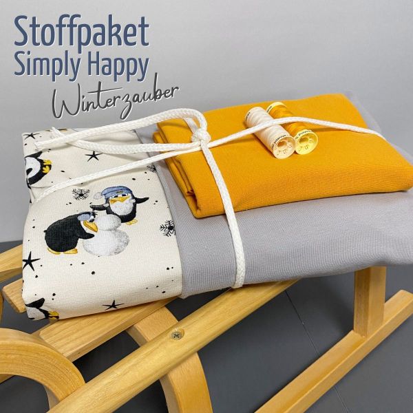 Simply Happy Stoffpaket ❄️ Winterzauber ❄️ Pinguin + Kombistoff grau gelb + Kordel & Garn
