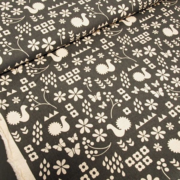 Kokka Leinenstoff GARDEN – Design von Ellen Lucket Baker – Beige auf Dunkelgrau