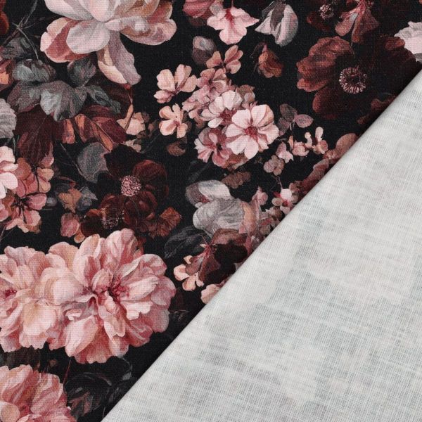 Canvas Slub Digital Blumen – Bordeauxrot Rosa auf Schwarz – Baumwollstoff für Taschen & Deko