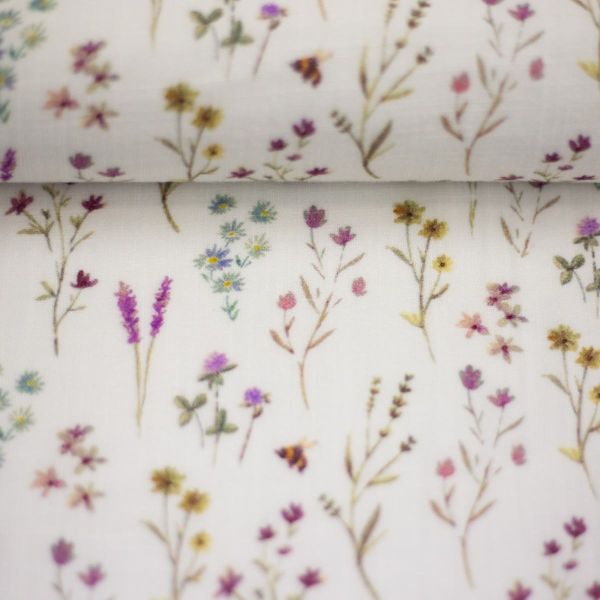 Double Slub Musselin zarte Blüten Gräser weiß – Double Gauze Wild Meadow by Swafing