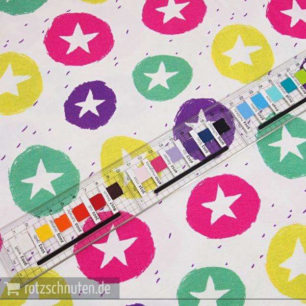 Baumwolljersey STARS Sterne Klekse bunt pink grün lila senf FVJ