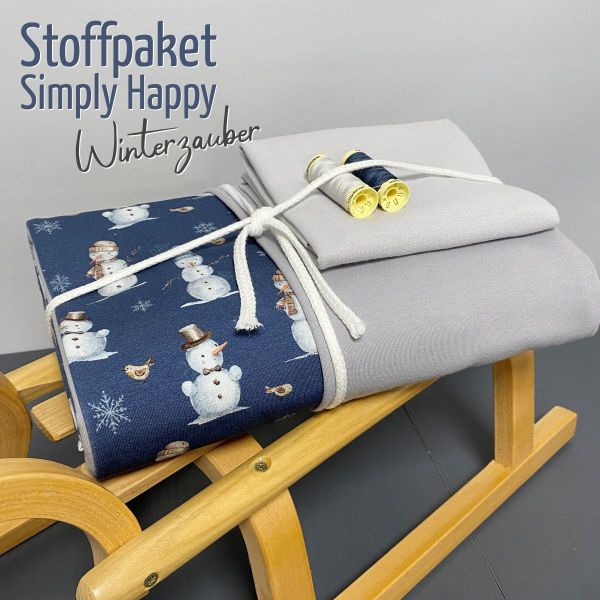 Simply Happy Stoffpaket ❄️ Winterzauber ❄️ Schneemann blau + Kombistoff grau + Kordel & Garn