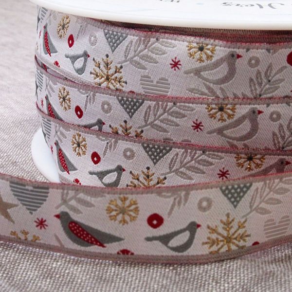 Webband Winter Schnee - Vögel und Ornamente - von Acufactum weiß grau gold