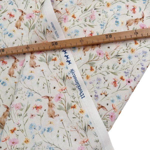 Baumwolle Häschen Blumenwiese Ostern - Serie Florenz von Westfalenstoffe