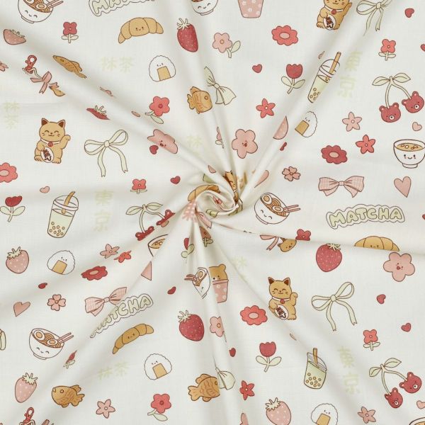 Baumwollpopeline Matcha & Karos – Japan Kawaii Motive auf Cremeweiß – leichte Baumwollwebware