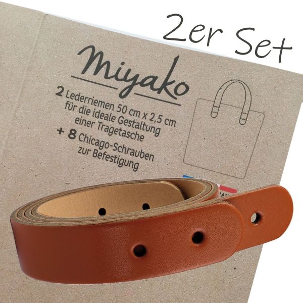 Miyako 2 Taschengriffe aus Leder braun 50x2,5cm + 8 Chicago Schrauben zur Nieten Befestigung