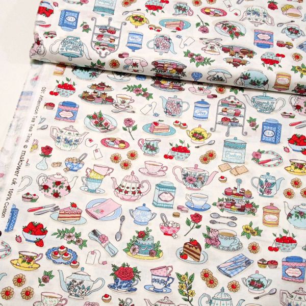 Baumwolle mit Kaffeekanne Tassen Cookies Tee creme weiß bunt - Tea Time Serie Afternoon Tea