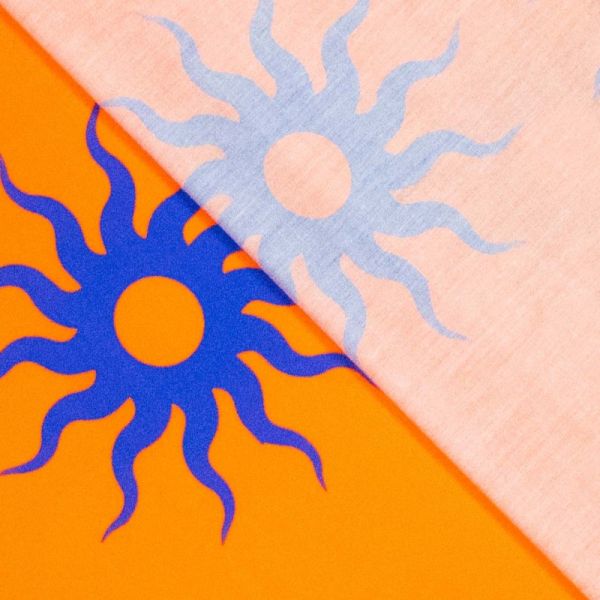 Baumwoll-Popeline mit Sonne Blüte orange blau - Baumwollstoff Sarah Sun