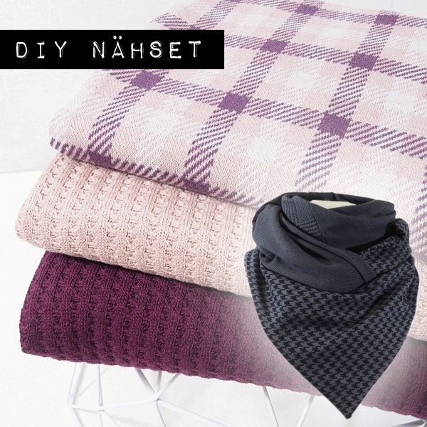 3 Stoffzuschnitte für ein Maxi Dreieckstuch aus Strick karo beere • Maxituch mit Twist