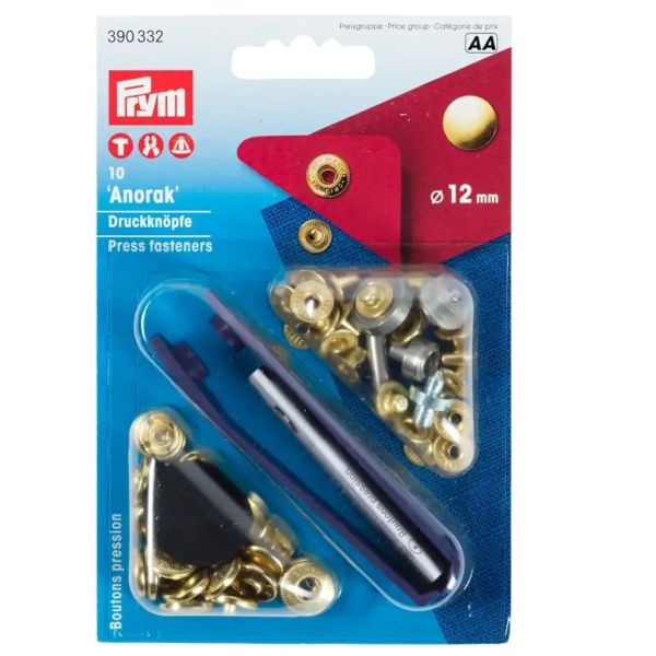 10 Anorak Druckknöpfe PRYM – 12mm gold mit Werkzeug