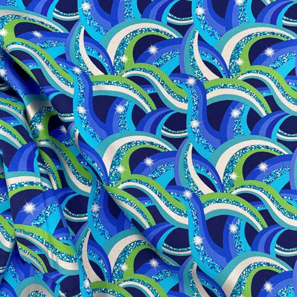 Baumwolle mit Rainbow Swirl Metallic Print blau grün silber Glitter - Lewis & Irene DISCO!