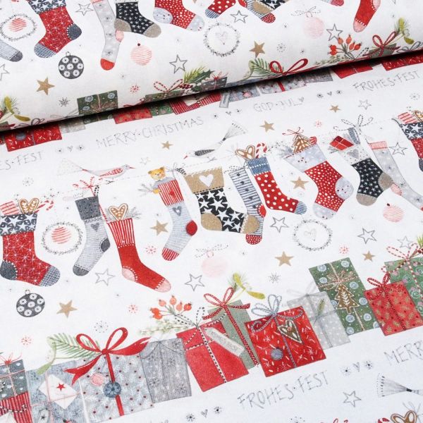 acufactum Nikolaussocken - Baumwolle mit Weihnachtssocken Geschenken Sternen Christbaumkugeln