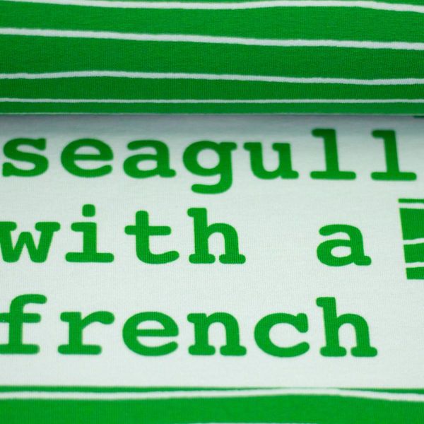 Maritimer Sweat grün mit Streifen und frechem Spruch SEAGULL by Käselotti – 100cm Panel French Terry