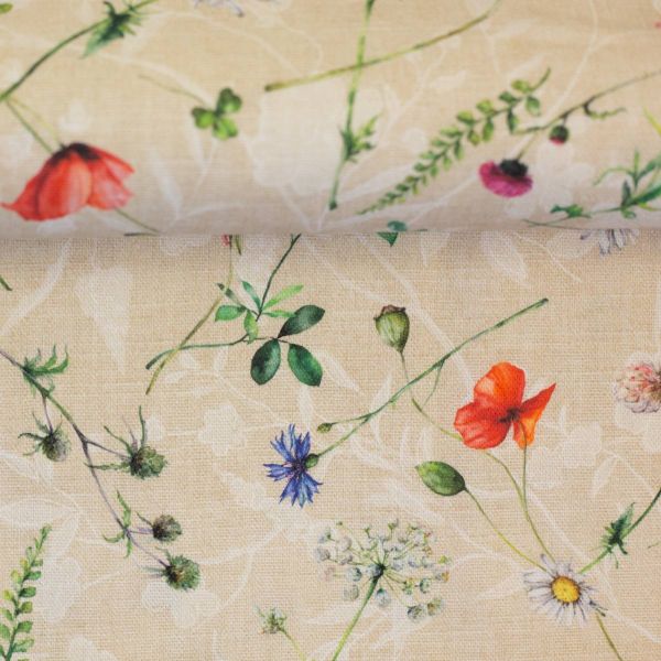 Deko Baumwollstoff mit Feldblumen Gräser beige - Serie Wilma von Swafing