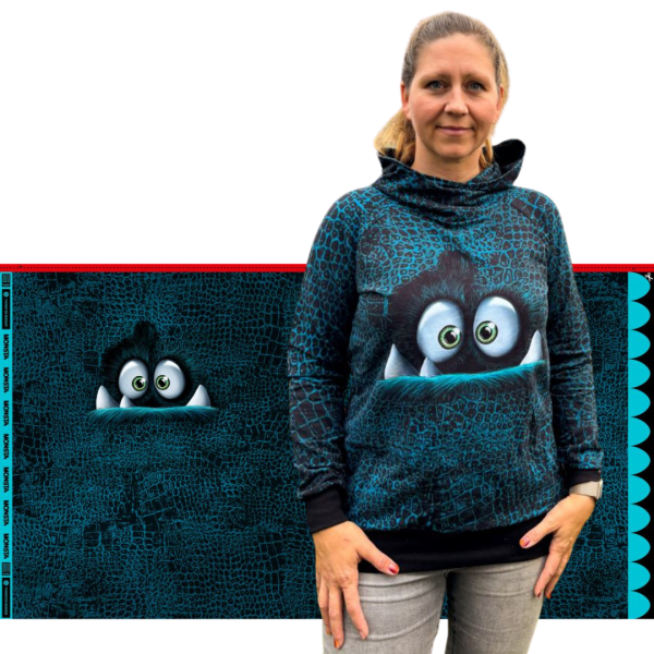 French Terry Monster petrol blau - Serie Monstal by Thorsten Berger - 85cm Panel