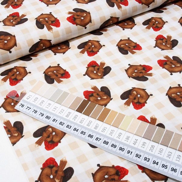 Baumwolle Biber mit Zipfelmütze auf Karo beige - Timber Gnomies xmas beaver