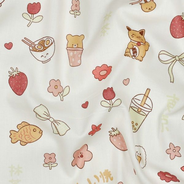 Baumwollpopeline Matcha & Karos – Japan Kawaii Motive auf Cremeweiß – leichte Baumwollwebware